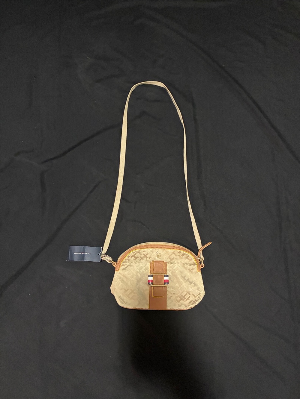 Tommy Hilfiger Beige Crossbody with Brown Trim and Signature Stripe